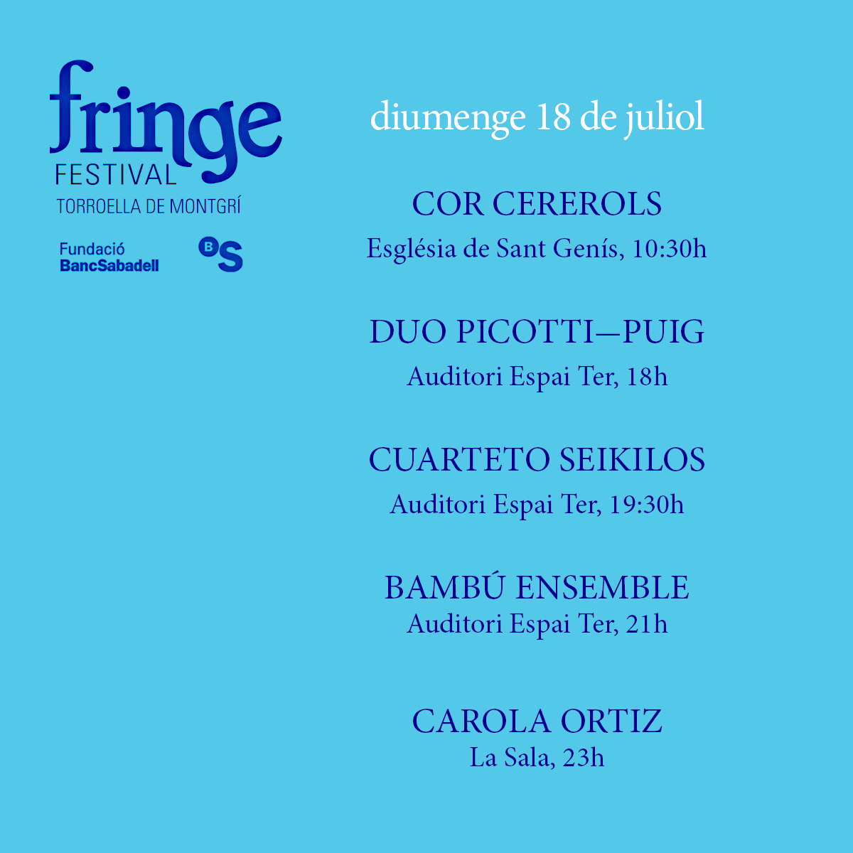 Diumenge ens hi posem ben d'hora amb el <a href="/corcererols/">Cor Cererols</a> . I a la tarda: #DuoPiccottiPuig, <a href="/Seikilosquartet/">Cuarteto Seikilos</a>, #BambúEnsemble i <a href="/carolaortizmus/">Carola Ortiz</a>! 😊🎷

Amb el suport de <a href="/FBSabadell/">Fundación Banco Sabadell</a> <a href="/EspaiTer/">Auditori Teatre Espai Ter</a> @lasalatdm <a href="/JMCatalunya/">Joventuts Musicals de Catalunya</a> <a href="/FestClasica/">FestClásica</a> #fringefestivaltorroella