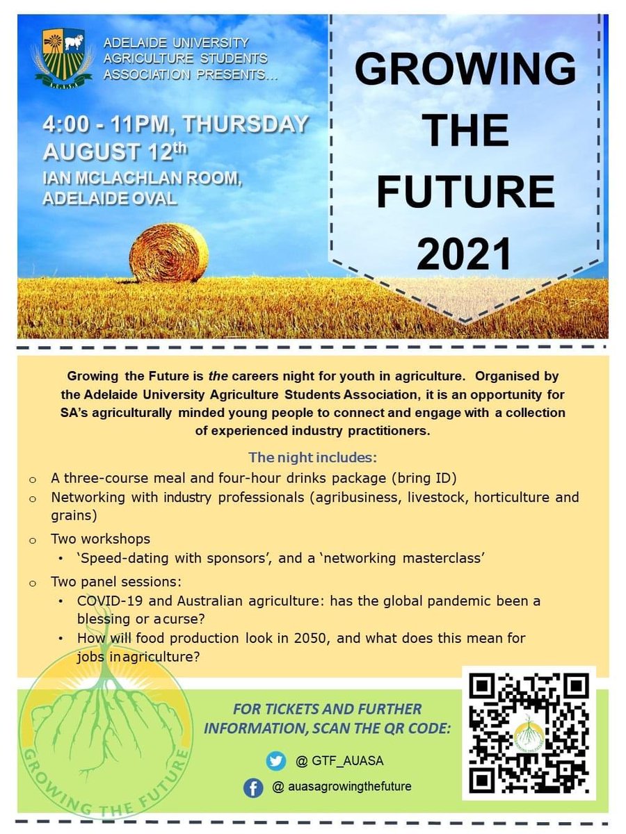Less than one month until Growing the Future 2021, and its shaping up to be the best yet!!  Grab your ticket now to secure a spot at the leading event for SA youth in ag!

Ticket sales close July 29th

#GTF2021
