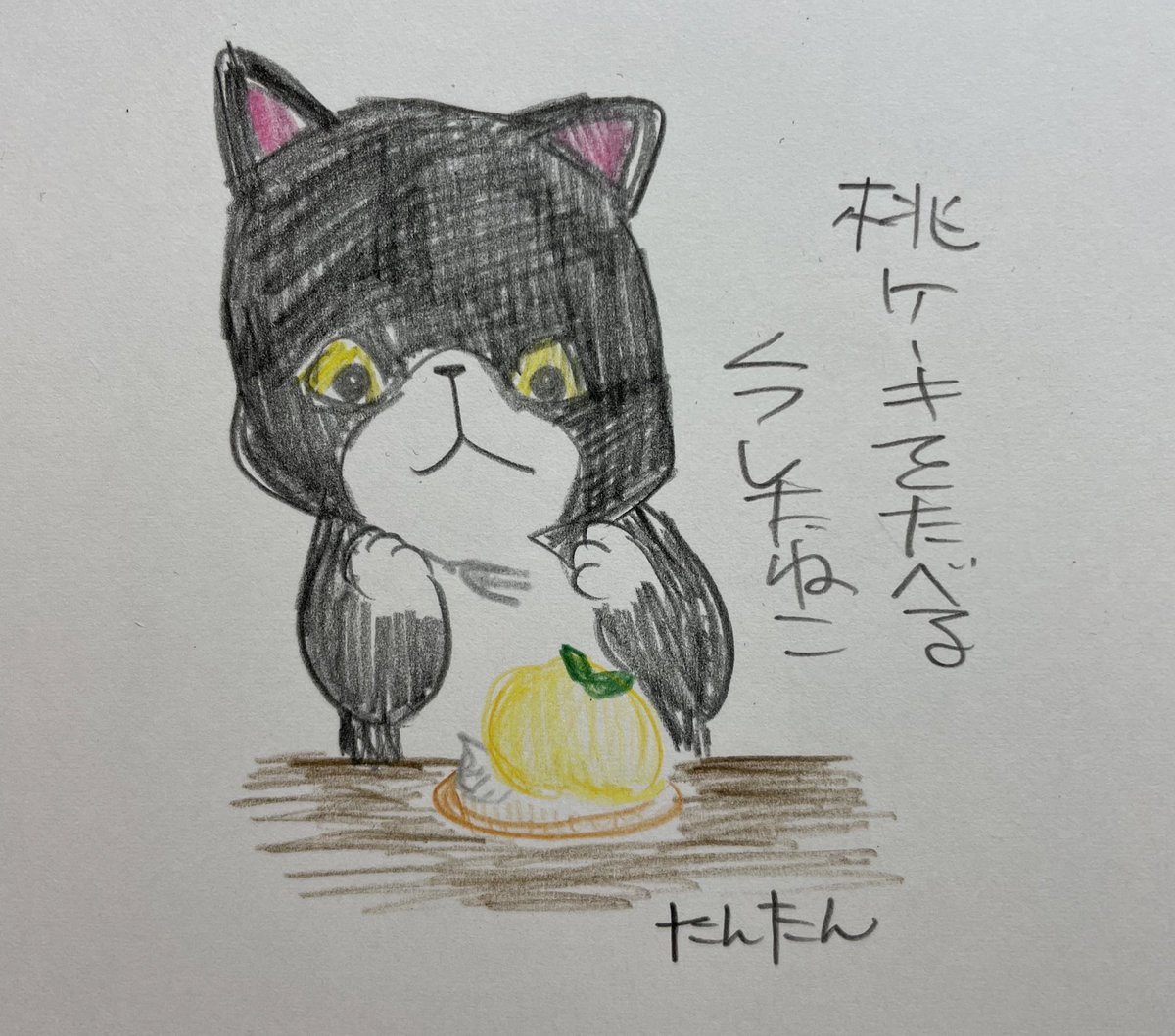 桃ケーキを食べるくつしたねこ
#イラスト #猫 