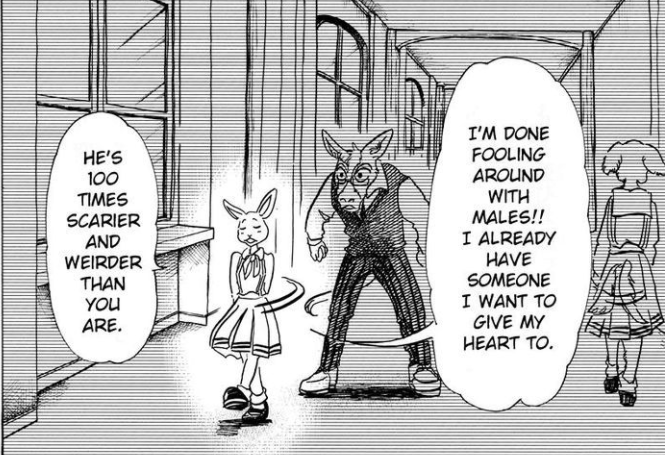 this happens right after Legosi confesses to Haru and the fucking wolf doens't even kiss her till...well, read the manga 