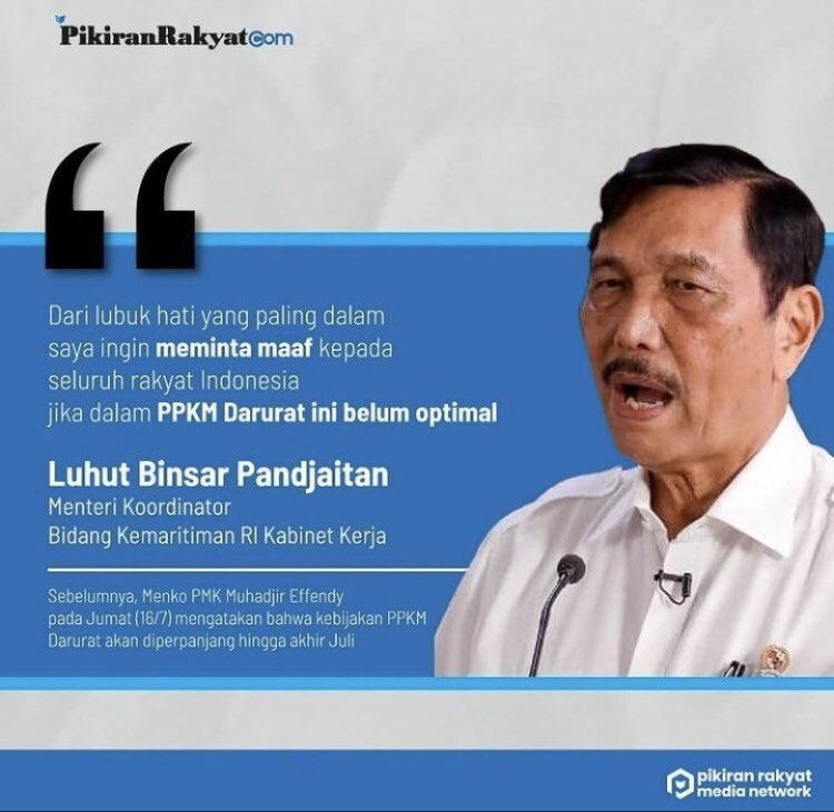 sudjiwotedjo's tweet photo. Salut, Pak Luhut ud minta maaf. Tp lain kali kalau minta maaf yg total, Pak. Jangan setengah2 pakai logika “Jika” .. Pakai saja logika “Karena” .. Misal “Saya minta maaf KARENA (bukan Jika) PPKM Darurat ini blm optimal.” https://t.co/U7QMSOxctf