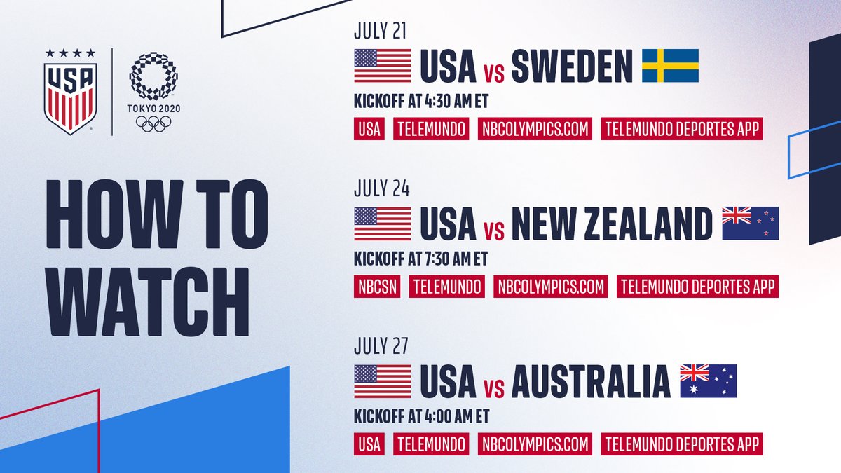USWNT's tweet photo. Catch the 🇺🇸 in action as the #Tokyo2020 Group Stage kicks off on Wednesday! 👀📺 https://t.co/0J1nxN7Mos