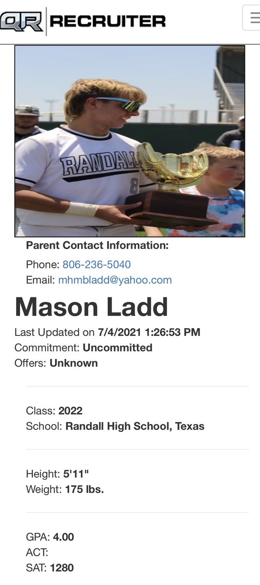 <a href="/OFFSPEEDATH/">OFF-SPEED ATHLETICS</a> <a href="/mason_ladd2/">Mason Ladd</a> <a href="/OFFSPEED2022/">Offspeed Athletics 2022</a> <a href="/PanhandleProsp2/">Panhandle Baseball Prospects</a> <a href="/UNCOMMITTEDBSB/">Baseball Uncommitted</a> <a href="/BUncommitted/">Baseball_Uncommitted</a> Mason’s intelligence shows up on and off the field. Dude has a 4.0 GPA. Here is his Player Profile with more details qrrecruiter.info/Player/Basebal….