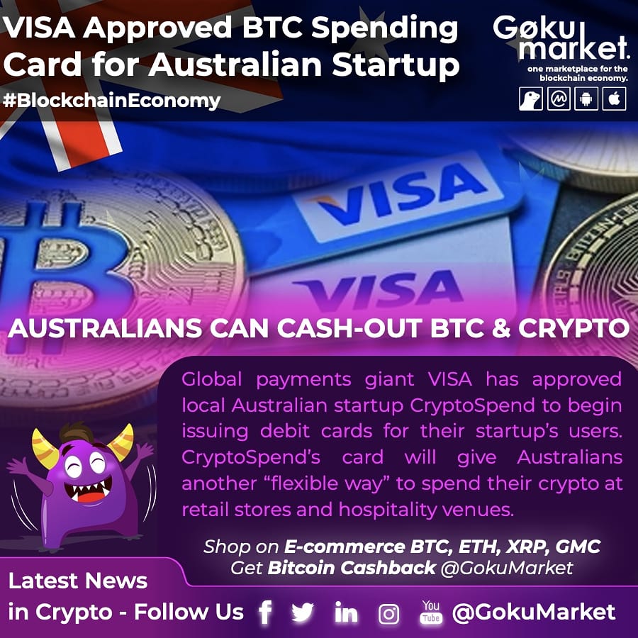 GokuMarket's tweet photo. 📣@VISA to Approve #Bitcoin Spending Card for #Australian Startup
👉Global payments giant #VISA has approved local Australian startup #CryptoSpend to begin issuing debit cards for their users. The card will give the flexibility to make a direct purchase from crypto
#GokuMarket https://t.co/2f0vWpx9nn