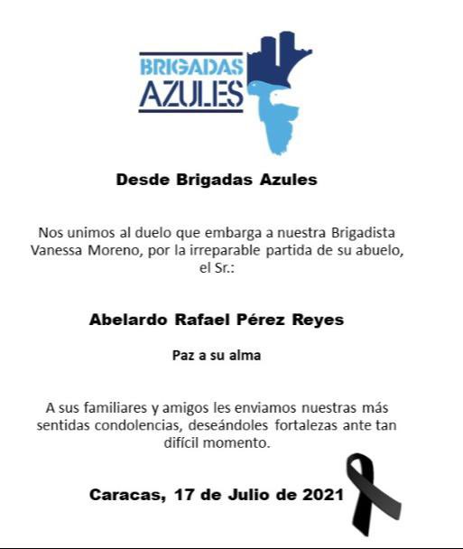 En Brigadas Azules lamentamos informar el fallecimiento del abuelo de nuestra Brigadista <a href="/vmoreno25/">Vanessa Moreno.</a> expresamos nuestras más sinceras condolencias