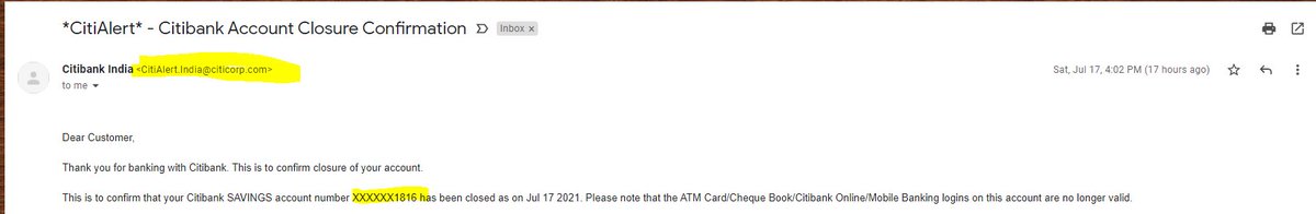 JupiterAlappat's tweet photo. @Citibank   - I got a SMS and email from the email ID shown in the screenshot , saying my CitiBank savings account will no longer active but closed. But , the account number is wrong. Is this a Scam or official email ? @Citibank please check. https://t.co/EjoCzoTioO