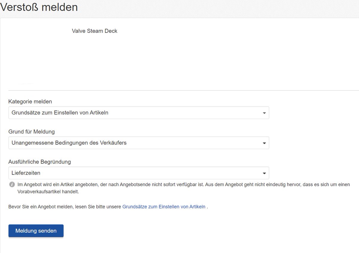 So kann eine Meldung eines Scalpers bei #ebay aussehen. Wir können diesen Leuten ja ein bisschen in die Suppe spucken 😉 #SteamDeck #Valve #Steam