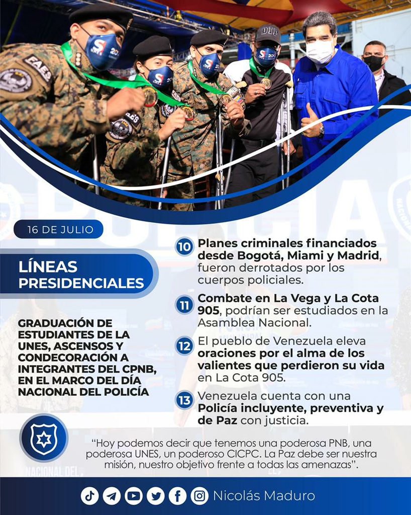 CarnetDLaPatria's tweet photo. #ATENCION El Pdte. @NicolasMaduro otorgó un merecido reconocimiento a las y los Policías, hombres y mujeres que están ganando la batalla por la Paz de la Patria. 

Desde el #SistemaPatria te compartimos las #LíneasPresidenciales orientadas durante este acto.

#CubaViva #17Jul https://t.co/etDk4r7gMe