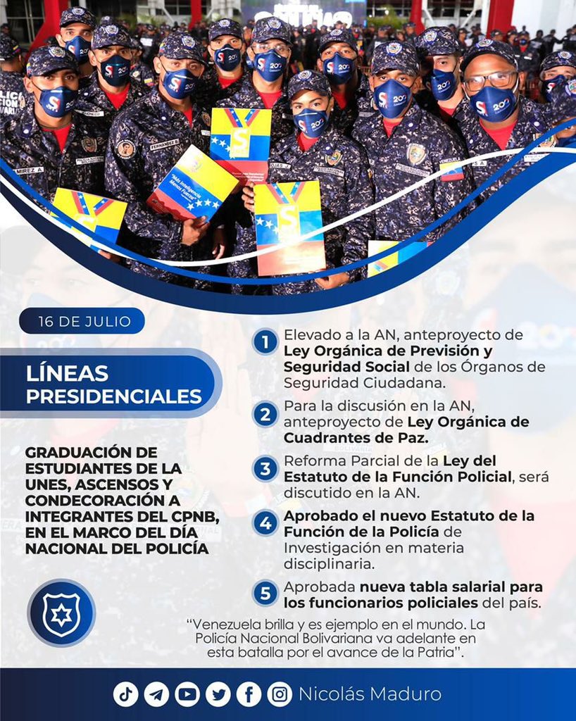 CarnetDLaPatria's tweet photo. #ATENCION El Pdte. @NicolasMaduro otorgó un merecido reconocimiento a las y los Policías, hombres y mujeres que están ganando la batalla por la Paz de la Patria. 

Desde el #SistemaPatria te compartimos las #LíneasPresidenciales orientadas durante este acto.

#CubaViva #17Jul https://t.co/etDk4r7gMe