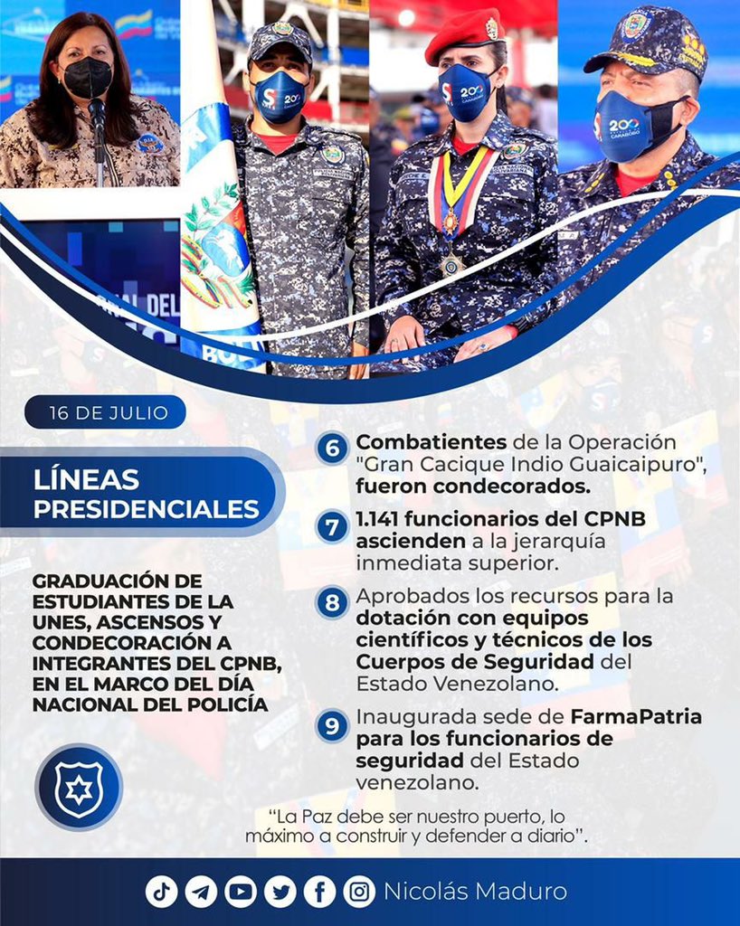 CarnetDLaPatria's tweet photo. #ATENCION El Pdte. @NicolasMaduro otorgó un merecido reconocimiento a las y los Policías, hombres y mujeres que están ganando la batalla por la Paz de la Patria. 

Desde el #SistemaPatria te compartimos las #LíneasPresidenciales orientadas durante este acto.

#CubaViva #17Jul https://t.co/etDk4r7gMe