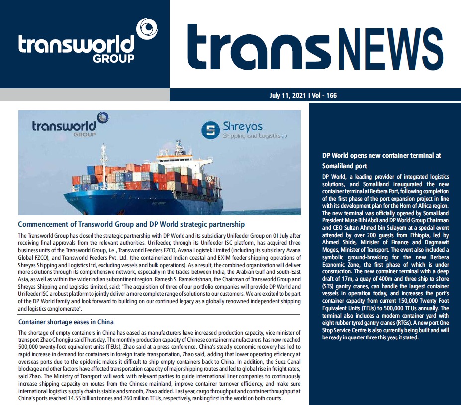 TransworldTweet's tweet photo. #ShippingNewsUpdates - Commencement of #TransworldGroup & #DPWorld strategic partnership | DP World opens new container terminal at #Somaliland port | Container shortage eases in #China.
Read more #Shipping & #Logistics #News here: https://t.co/1ZZVInCLt0
#TransNEWS #IndustryNews https://t.co/LuxeYlUFoQ