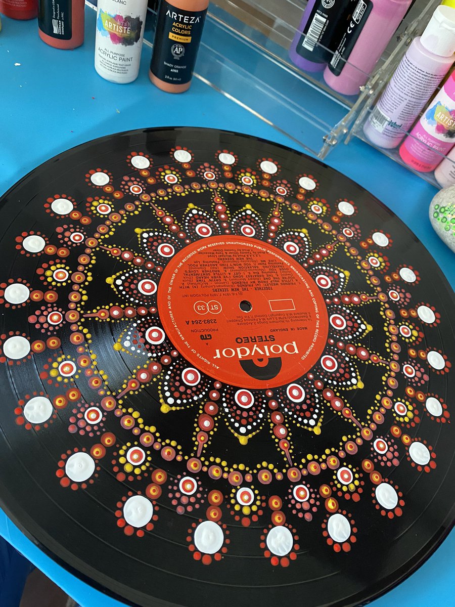 What I’m creating today #creative #art #crafts #mandala #mandalaart #vinylrecord #lp #dotart #recycledlp #recycledvinyl