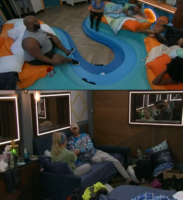 rbbq's tweet photo. I was going to compliment Derek F. for venturing outside his comfort zone....then I realized that Frenchie and Whitney stole his couch. 💀 #BB23 https://t.co/VBtsAOsBWo