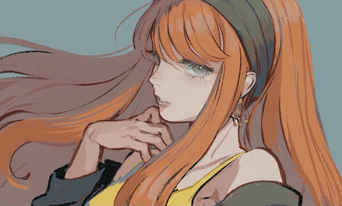 1girl solo long hair earrings jewelry bangs orange hair  illustration images