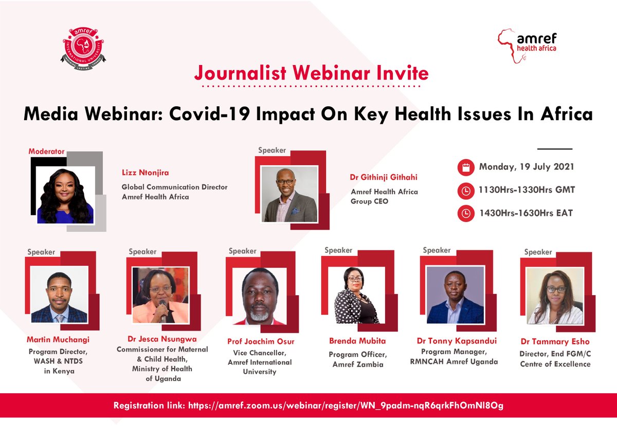 Join the #JournalistWebinar tomorrow to learn more about research done by @Amref_Worldwide
experts on #COVID19
Impact on key health issues in Africa
Register now at: bit.ly/3idTS5y #AmrefResearchFindings #AmrefCovid19Response