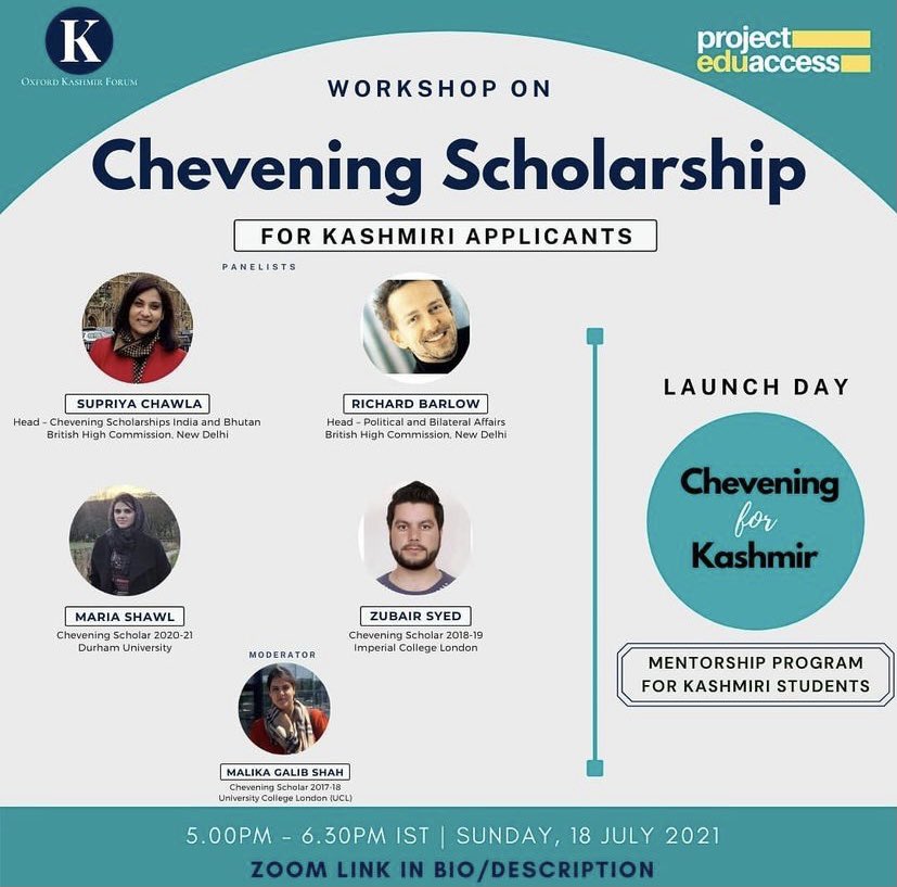 thinkpodcowork's tweet photo. Workshop on Chevening Scholarship and Mentorship Programme for Kashmiris
Chevening Scholarship is the UK government's international scholarships programme that enables you to study in the UK for one year on a fully funded master's degree courses. 
Link: https://t.co/5z2eYXzqb3 https://t.co/uNrFylP3lv