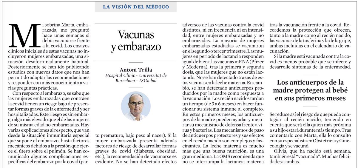 Vacunas, embarazo y lactancia.
Mujeres embarazadas con covid: riesgo bajo de gravedad, pero más alto que no embarazadas. Vacunas seguras y efectivas.
Lactancia: buena respuesta. Anticuerpos que protegen tambien al recien nacido.
Consultar al profesional sanitario.
<a href="/LaVanguardia/">La Vanguardia</a>