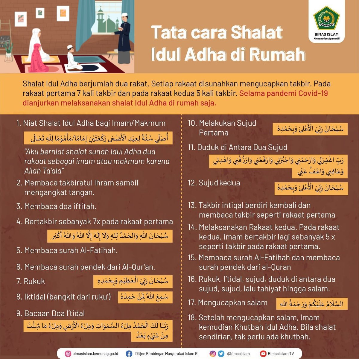Shalat Idul Adha terdiri atas dua rakat. Setiap rakaat disunahkan mengucapkan takbir. Pada rakaat pertama 7 kali takbir. Sedangkan pada rakaat kedua, 5 kali takbir. Selama pandemi Covid-19 dianjurkan melaksanakan shalat Idul Adha di rumah saja.  

Berikut ini tata caranya 👇👇👇