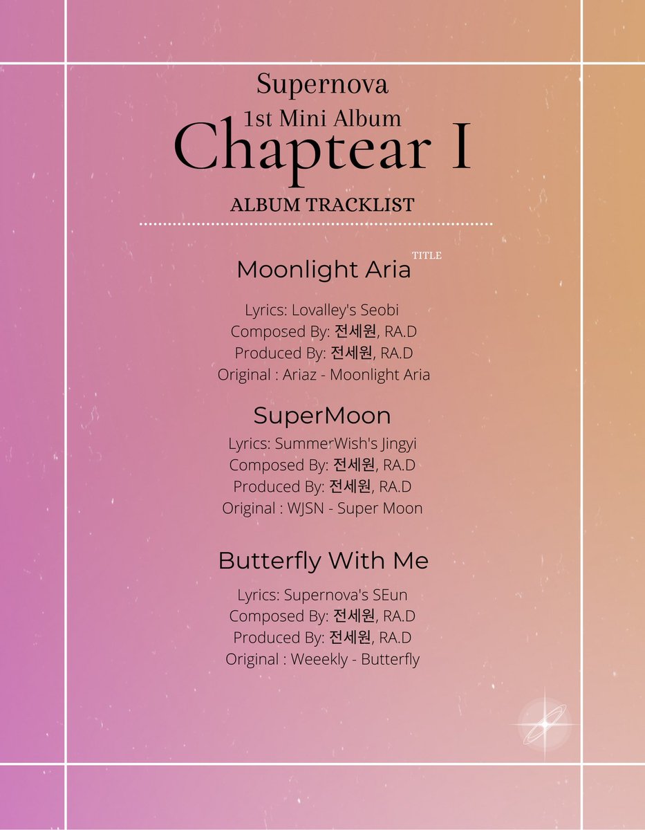 Supernova_NC's tweet photo. Supernova
1st Mini Album
"Chaptear I"
<ABLUM TRACKLIST>
07.21.2021 || 12AM KST
#Supernova #Supernova_Chaptear_I
#MonthlyIdol #Yunji #Shinji #Yugyeong #Seha #SEun https://t.co/uC2sPtYqzB