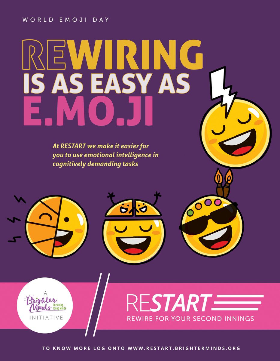 Just like Emoji are used to fill in emotional cues otherwise missing from type conversations, RESTART is used to enable emotional intelligence in cognitively demanding tasks! 😄 Celebrate with emojis this #WorldEmojiDay! 🥳 restart.brighterminds.org #RESTART #BrighterMinds
