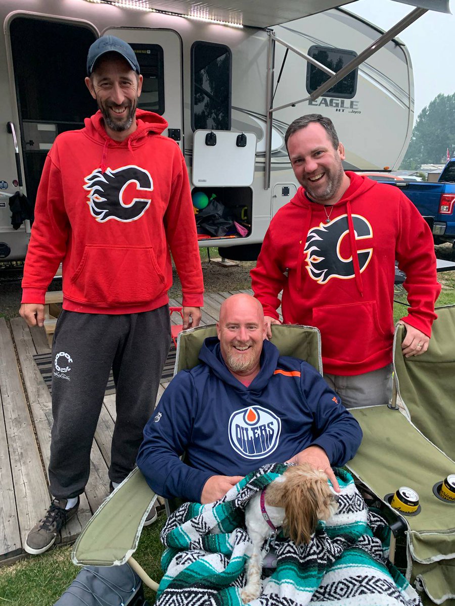 GregHutchings2's tweet photo. Hockey is over but trade talks are underway!  Might be 2 against one but the @NHLFlames are like a tea bag.  They are only good for one cup!!! @EdmontonOilers cup Champs in 2022.....bold prediction!!! https://t.co/u3fxshwPAS