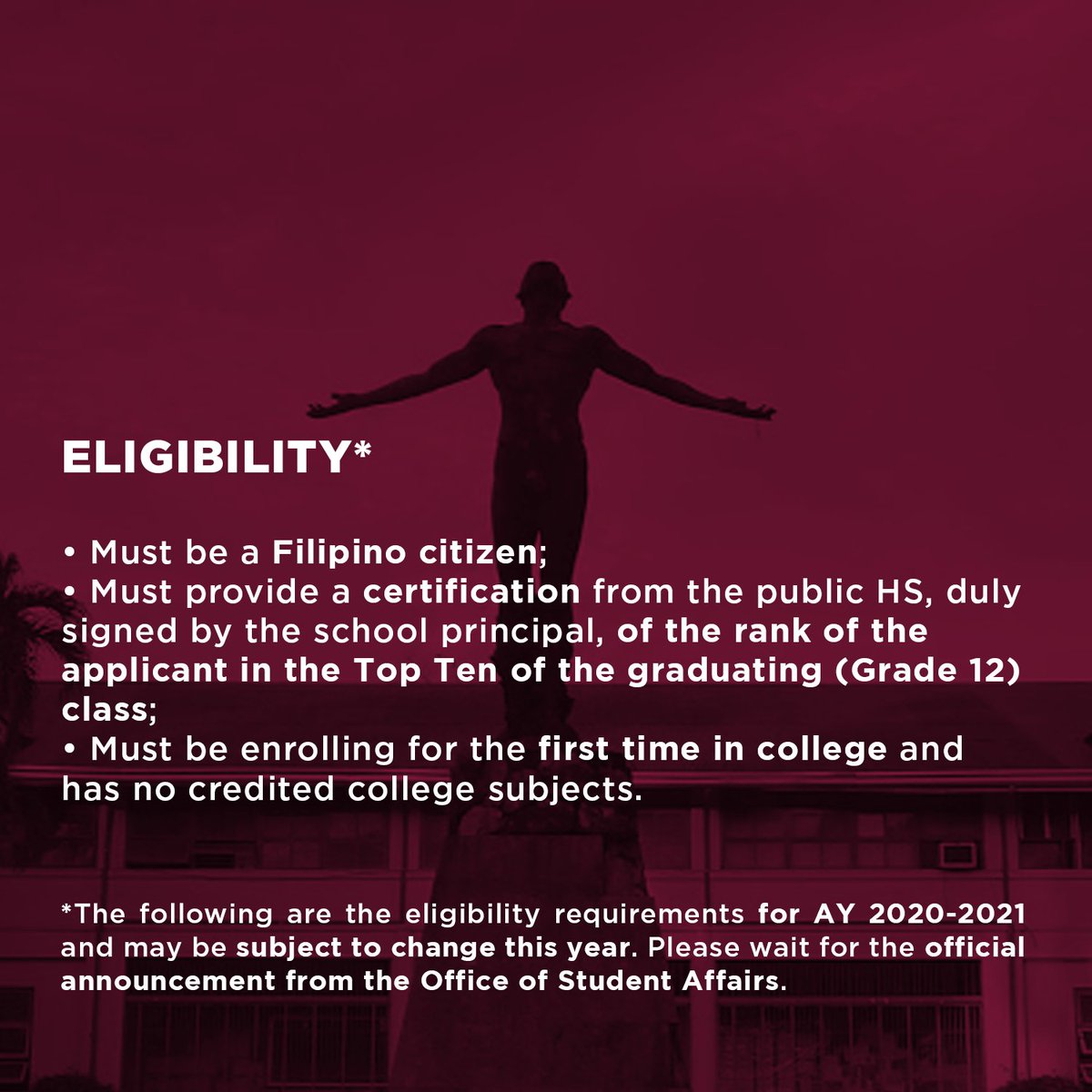 geanceee's tweet photo. Aspiring freshies who did not take/qualify in the UPCA may apply for automatic admission through the Iskolar ng Bayan Program.
Disclaimer: Iskolar ng Bayan Guidelines for AY 2021-2022 are yet to be finalized. Please wait for the official announcement from OSA.
#UPCATResults https://t.co/wSkmavlU2r