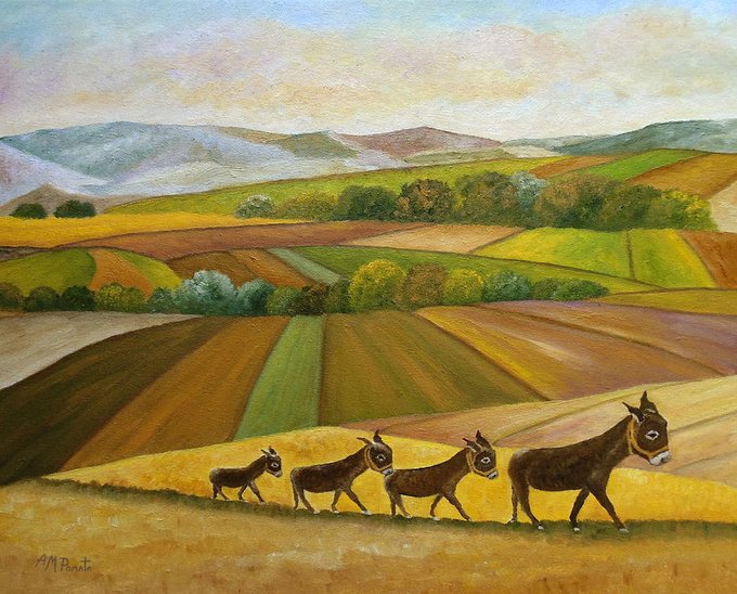 This is my painting 'Sunday Promenade'. You can check it out here: fineartamerica.com/featured/sunda… #art #arte #kunst #искусство #艺术 #アート #repost #oilpainting #contemporaryart #ArtistOnTwitter #landscape #stripes #trees #mountains #prints #oleo #donkeys #jennets #artprints