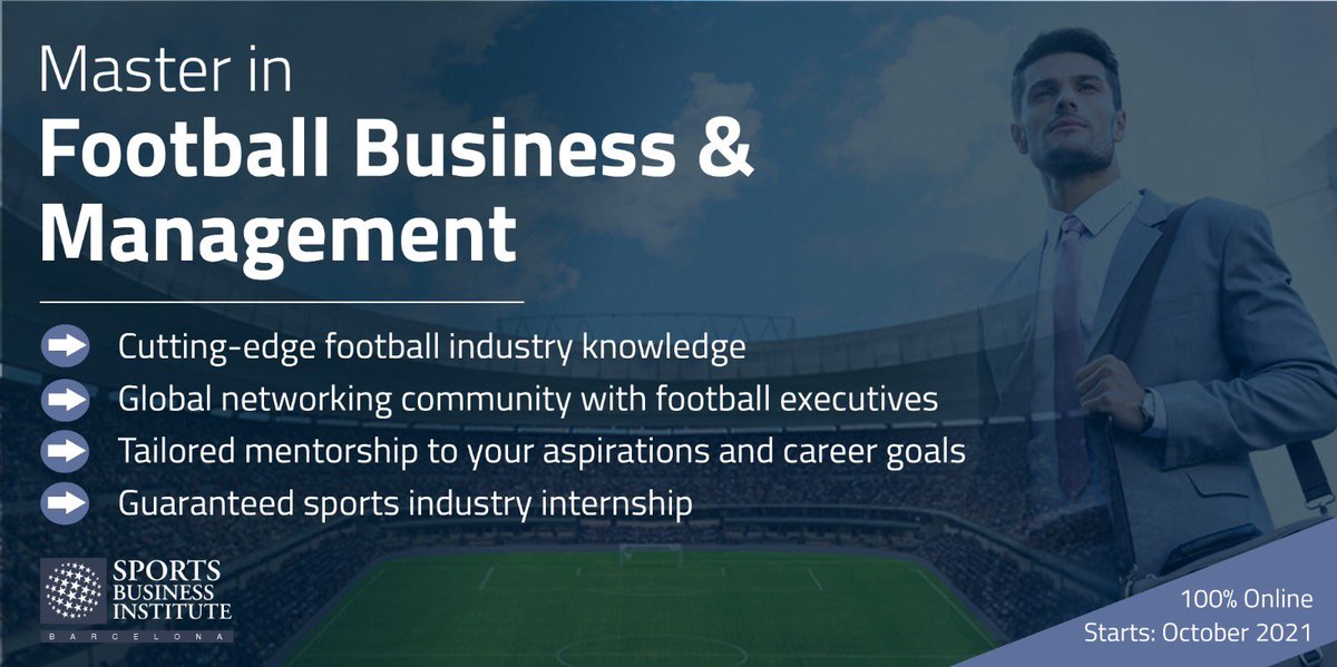 SBI_Barcelona's tweet photo. Applications for SBI’s Master in Football Business &amp; Management remain open.

Want to take your #sportsbiz career in the football industry to the next level? 

Starts October 2021. 

Recognized by Florida Global University, in Miami USA.

See details here: https://t.co/X9iJW2ReXx https://t.co/92PJhsoE7u