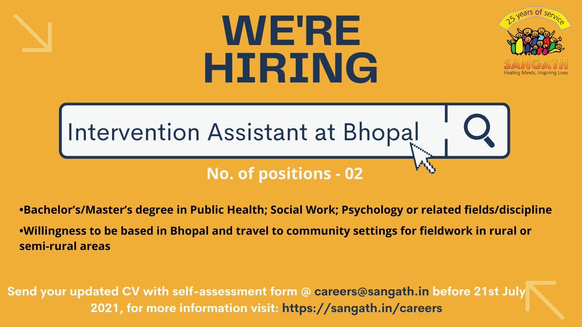 #jobs #publichealth 
We are hiring for two positions in our team @SangathBhopal 
Position- Intervention Assistants 
Location: Bhopal 
Details at sangath.in/careers
Deadline 21 July 2021