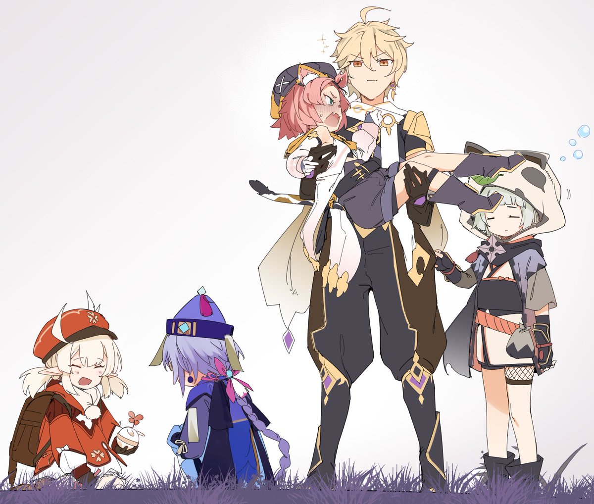 diona (genshin impact) ,klee (genshin impact) ,qiqi (genshin impact) animal ears multiple girls pink hair hat carrying 1boy tail  illustration images