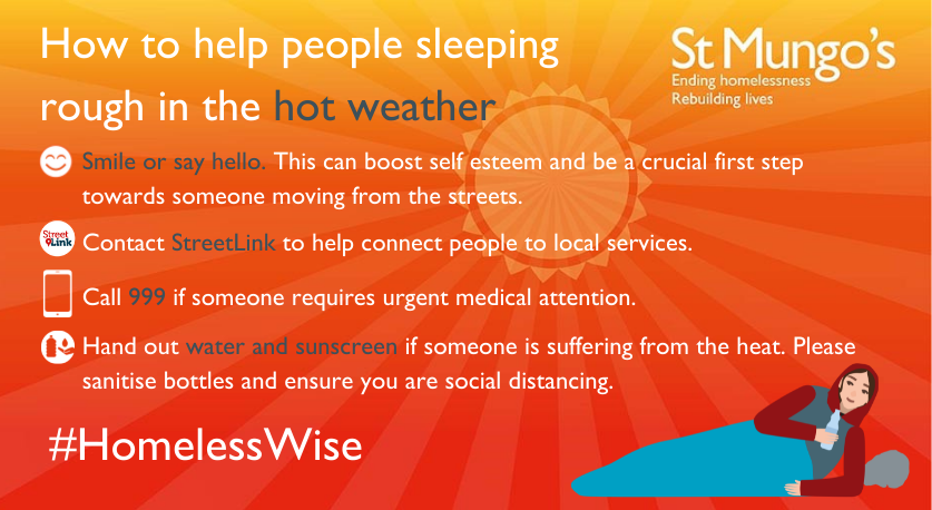 StMungos's tweet photo. It's shaping up to be a warm weekend ‼️ 

Sleeping rough in hot weather can be life threatening. We’ve added two extra steps so you can be #HomelessWise and help vulnerable people in hot weather. Here's how 👇  https://t.co/THrtzCbkuH https://t.co/OUWd1zegdv
