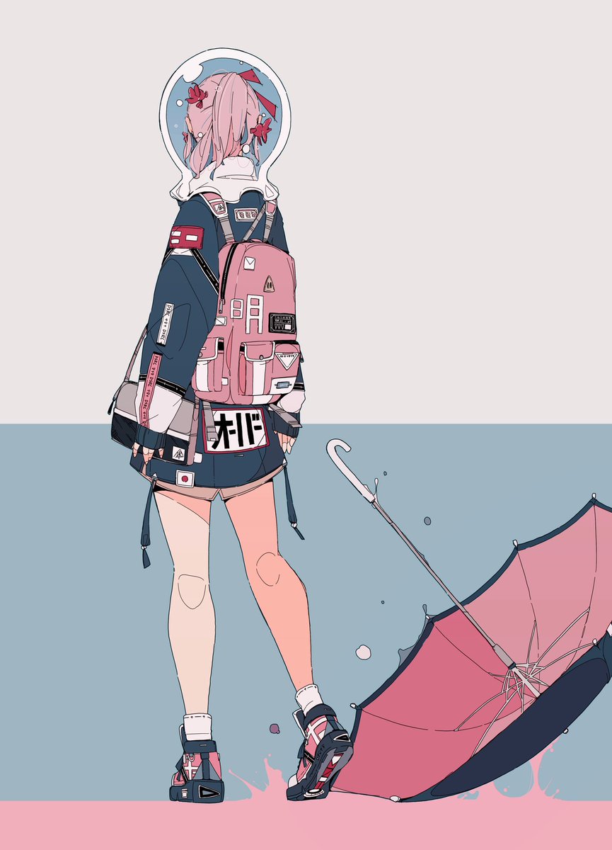 1girl flat color solo backpack umbrella limited palette pink hair  illustration images