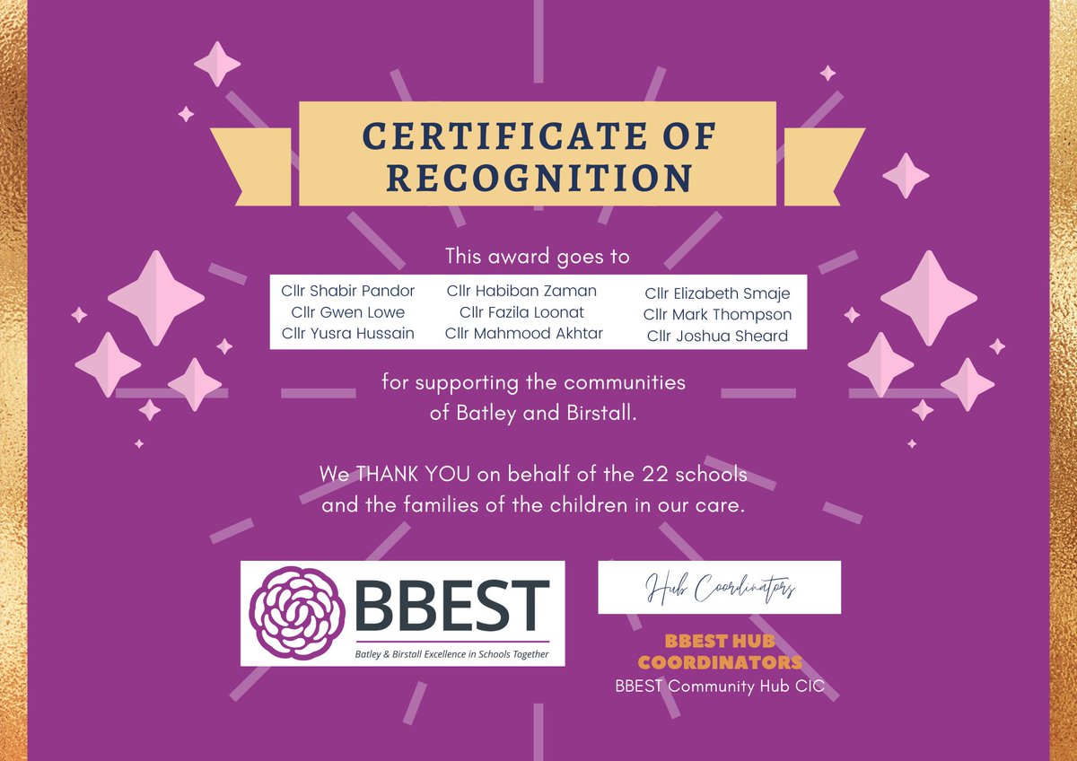 Thank you to our local members for their financial support to our BBEST Schools this year, supporting lots of fantastic initiatives and ideas ❤️

@cllrSPandor <a href="/deputymayorkirk/">Cllr Gwen Lowe</a> <a href="/CllrYHussain/">Yusra Hussain</a> <a href="/habiz68/">Habiban Zaman - BEM</a> <a href="/FazilaLoonat_/">Fazila Loonat 🇵🇸</a> Cllr Mahmood Akhtar Cllr Elizabeth Smaje  
bbesthub.uk/BBEST-Certific…