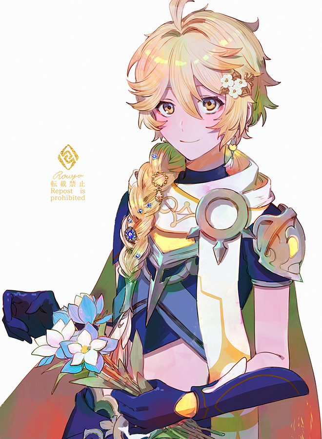 aether (genshin impact) 1boy flower blonde hair male focus gloves earrings hair ornament  illustration images