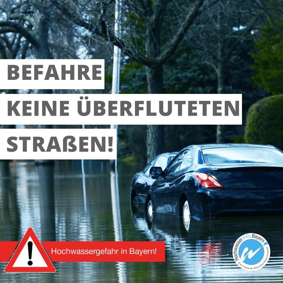 Geht bitte bei Starkregenereignissen nicht in den Keller oder die Tiefgarage, 
befahrt keine überfluteten Straßen, haltet Abstand von strömendem #Wasser oder Uferbereichen. 
Die aktuelle Lage findet Ihr unter 
hochwasserinfo.bayern.de 
#starkregen #hochwasser #niederschlag #bayern