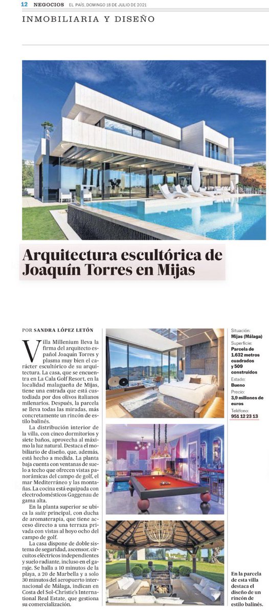 JoaquinTorres_V's tweet photo. Buenos días!
Hoy, podéis encontrar en el periódico El País, este artículo con una de nuestras viviendas:
✨A-cero
📍Mijas, Málaga 
“Villa Millenium” https://t.co/Stra22Q0vz