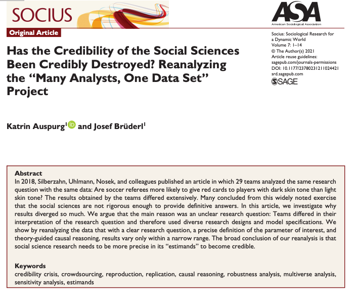 Brian Nosek (@briannosek@nerdculture.de) (@briannosek) on Twitter photo New paper by <a href="/KAuspurg/">Katrin Auspurg</a> and Josef Bruderl critiques interpretations of Many Analysts paper with multiverse reanalysis: journals.sagepub.com/doi/pdf/10.117…
Original: journals.sagepub.com/doi/full/10.11… New paper by <a href="/KAuspurg/">Katrin Auspurg</a> and Josef Bruderl critiques interpretations of Many Analysts paper with multiverse reanalysis: journals.sagepub.com/doi/pdf/10.117…
Original: journals.sagepub.com/doi/full/10.11…