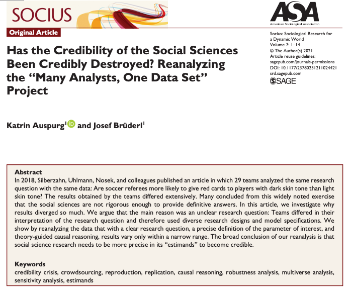 New paper by @KAuspurg and Josef Bruderl critiques interpretations of Many Analysts paper with multiverse reanalysis: journals.sagepub.com/doi/pdf/10.117… Original: journals.sagepub.com/doi/full/10.11…