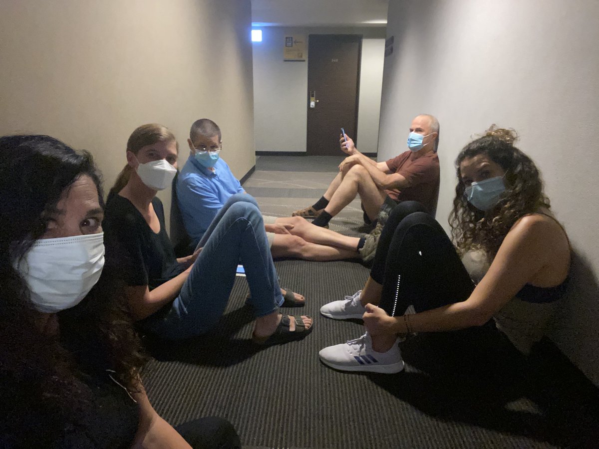 NPR Olympics Team in lockdown. Reduced to gathering in the hotel hallway. ⁦<a href="/merrittk/">merritt k (not really here anymore)</a>⁩ ⁦<a href="/LeilaFadel/">Leila Fadel</a>⁩ ⁦@TomGoldmanNPR⁩ ⁦<a href="/rdlewis/">Russell Lewis</a>⁩