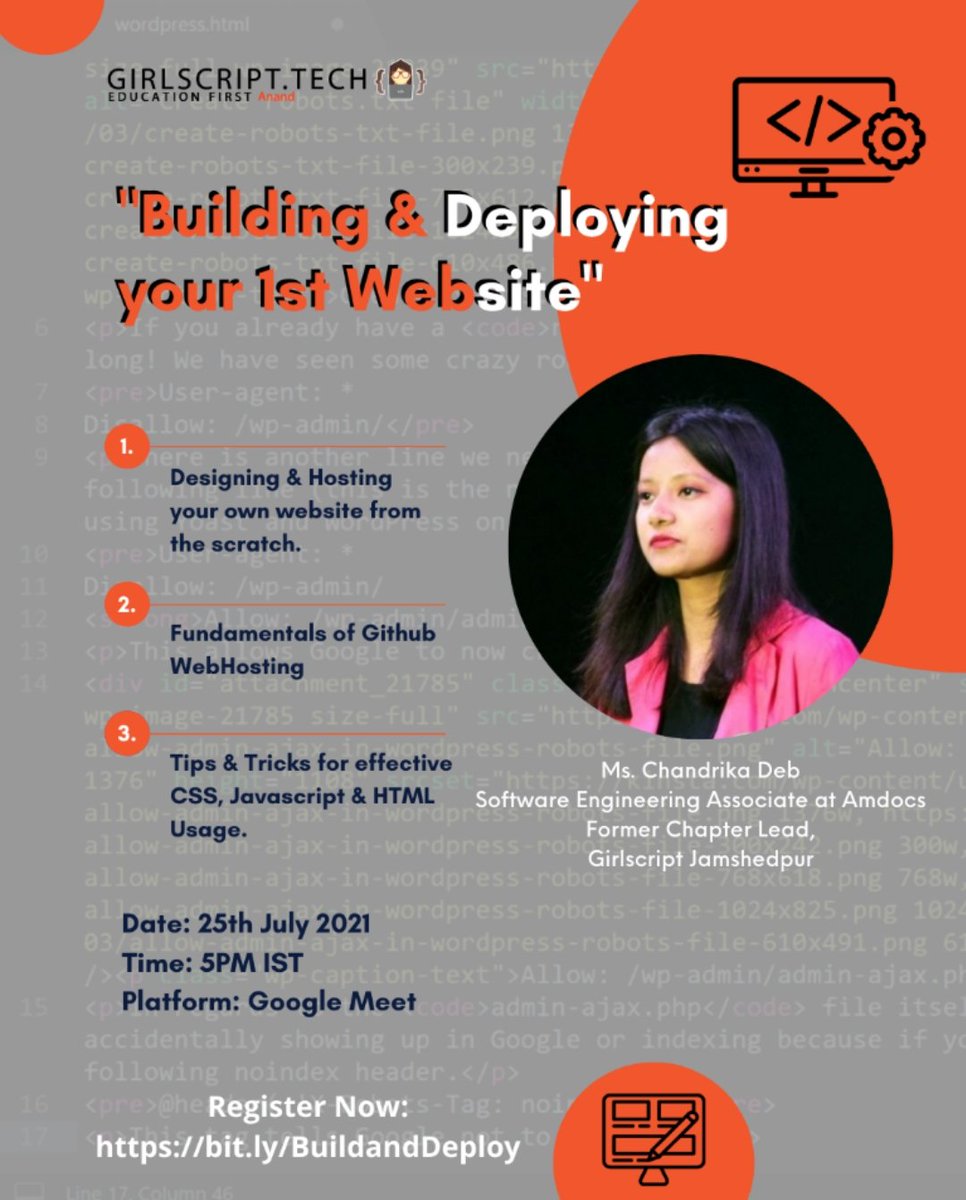GirlscriptAnand's tweet image. GirlScript Anand Chapter is pleased to provide you with a webinar called &quot;Building and Deploying Your 1st Website&quot; , which aims to educate students on Web Development.

Registration Link :-bit.ly/BuildandDeploy

#girlscript #girlscriptfoundation
#webdevelopment #projects