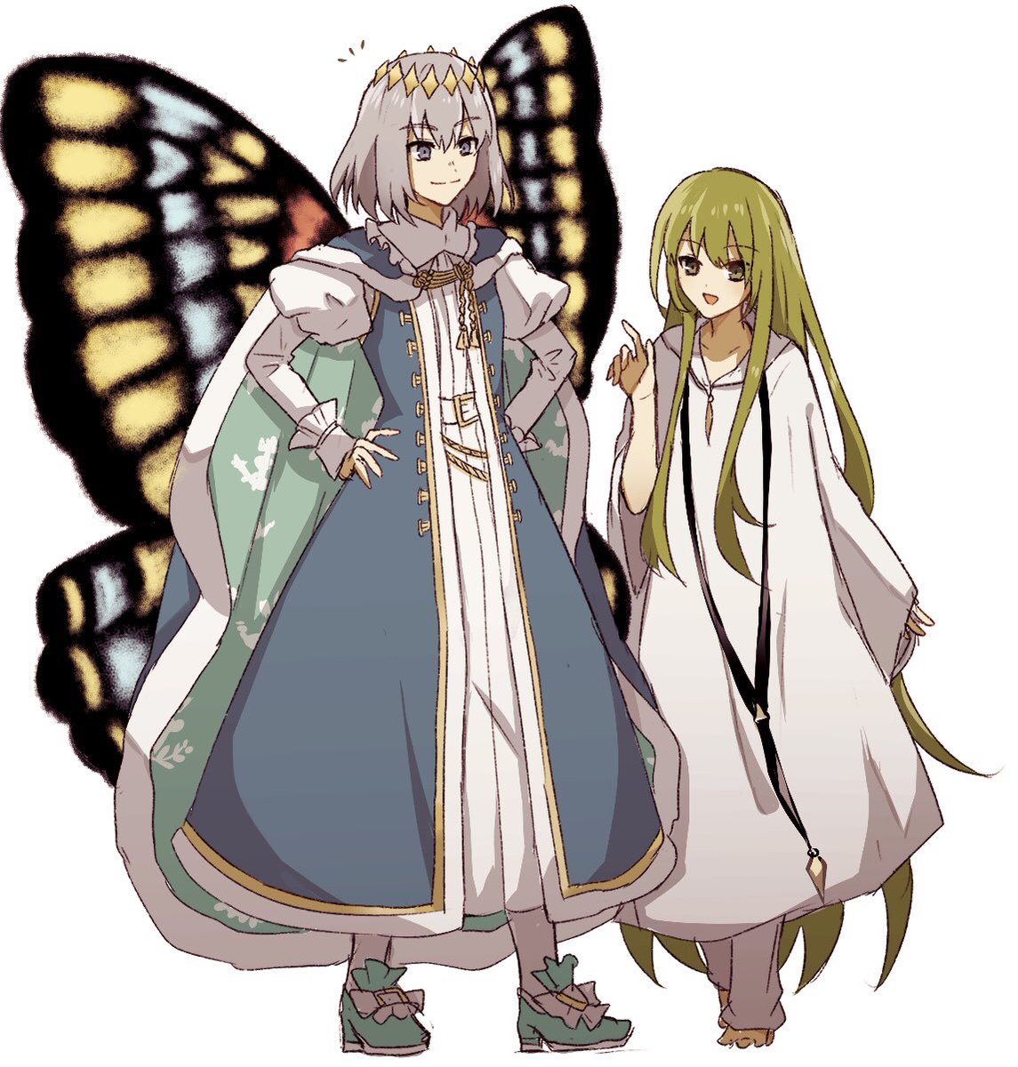 enkidu (fate) ,oberon (fate) robe butterfly wings long hair wings white robe green hair androgynous  illustration images
