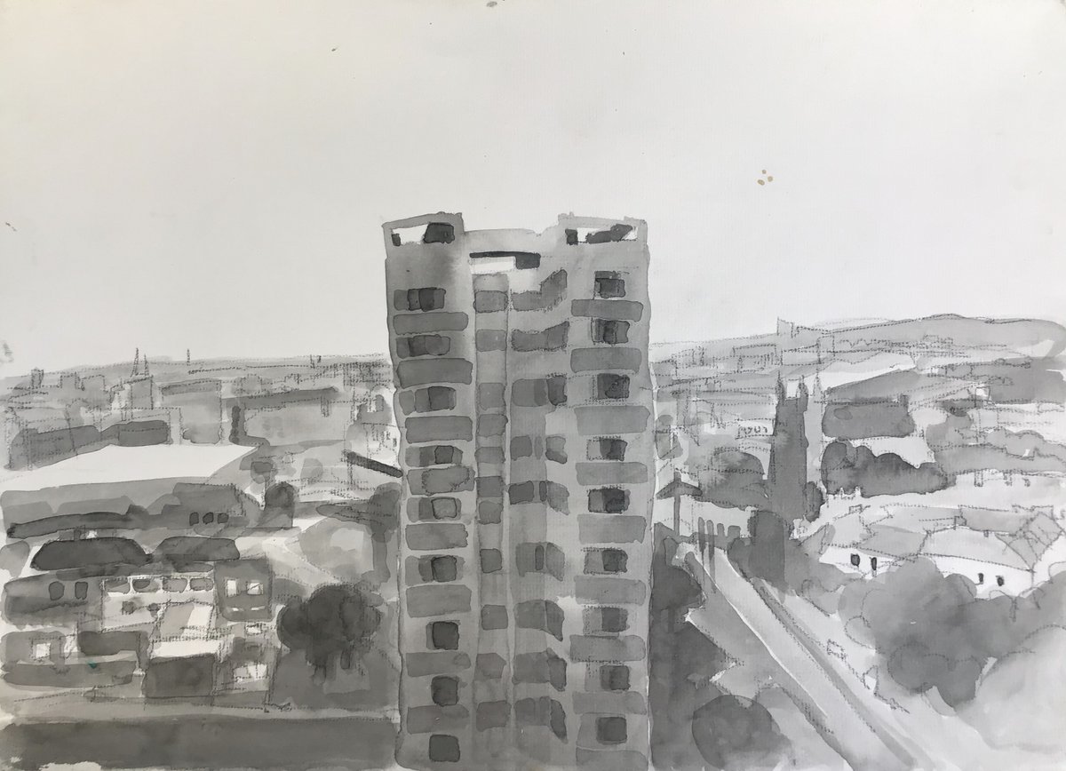 Chainsaw_McGinn's tweet photo. Todds Nook from my old flat in Vallum court. There was so much visual information, I relished the challenge of it. It would take a lifetime to draw or paint every detail of that view. Ink & graphite, A3, 2000. #GrimArt #urbanlandscape #Newcastle #BAS21 #highflats https://t.co/c1C9yrtNCm