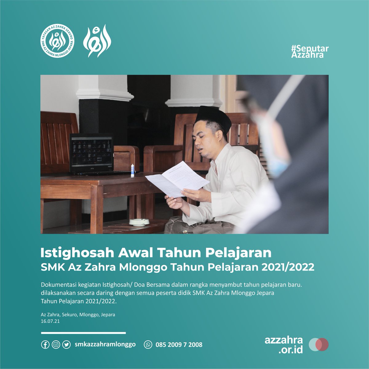 ppazzahra's tweet photo. Dokumentasi kegiatan Istighosah/ Doa Bersama dalam rangka menyambut tahun pelajaran baru.
dilaksanakan secara daring dengan semua peserta didik SMK Az Zahra Mlonggo Jepara Tahun Pelajaran 2021/2022.
Az Zahra, Sekuro, Mlonggo, Jepara
16.7.21 https://t.co/5V2TSRHsXx