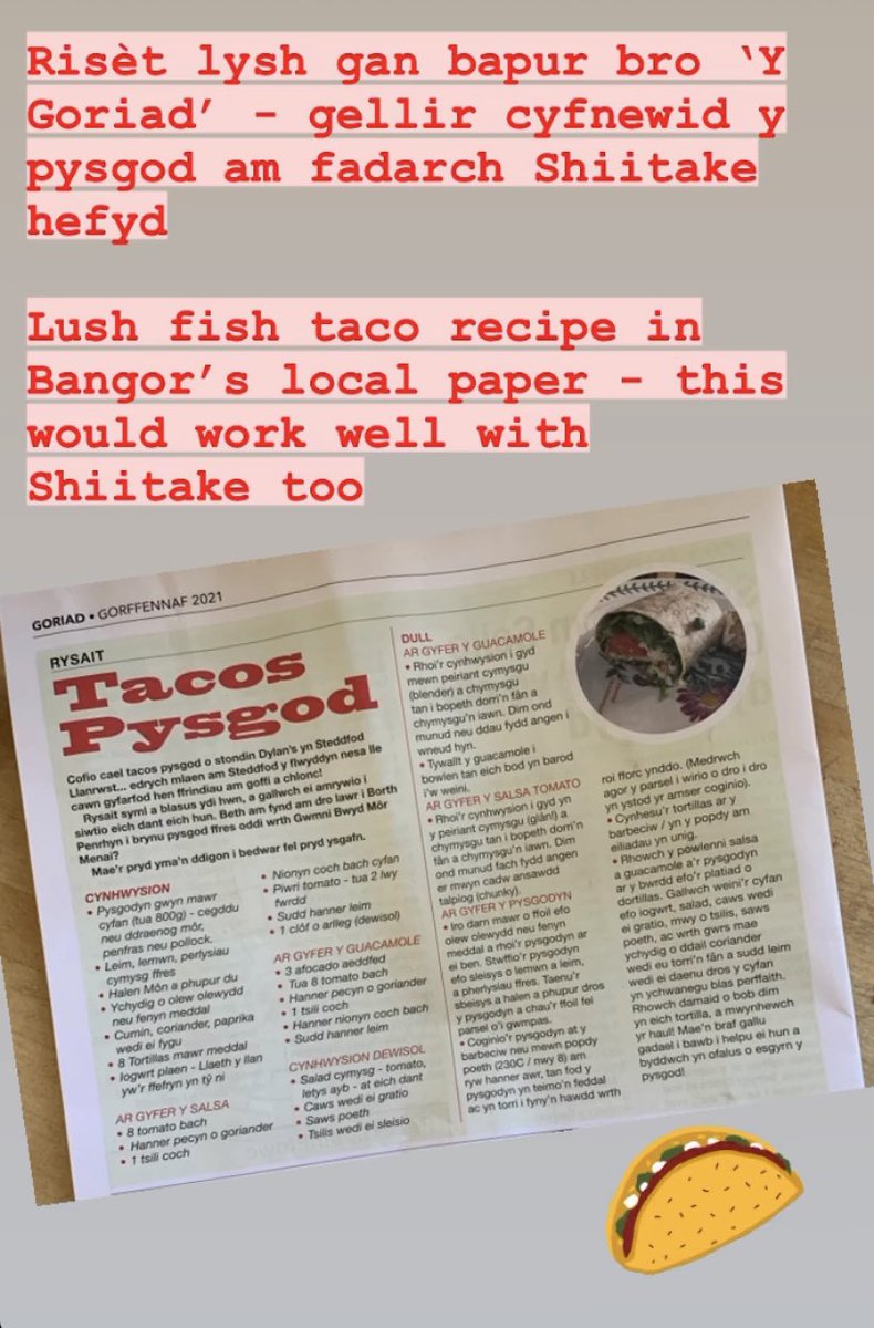 🌮 Risét taco pysgod o bapur bro ‘Y Goriad’. Gellir cyfnewid y sgodyn am fadarch
🌮 #Shiitake mushrooms would work just as well in this taco recipe