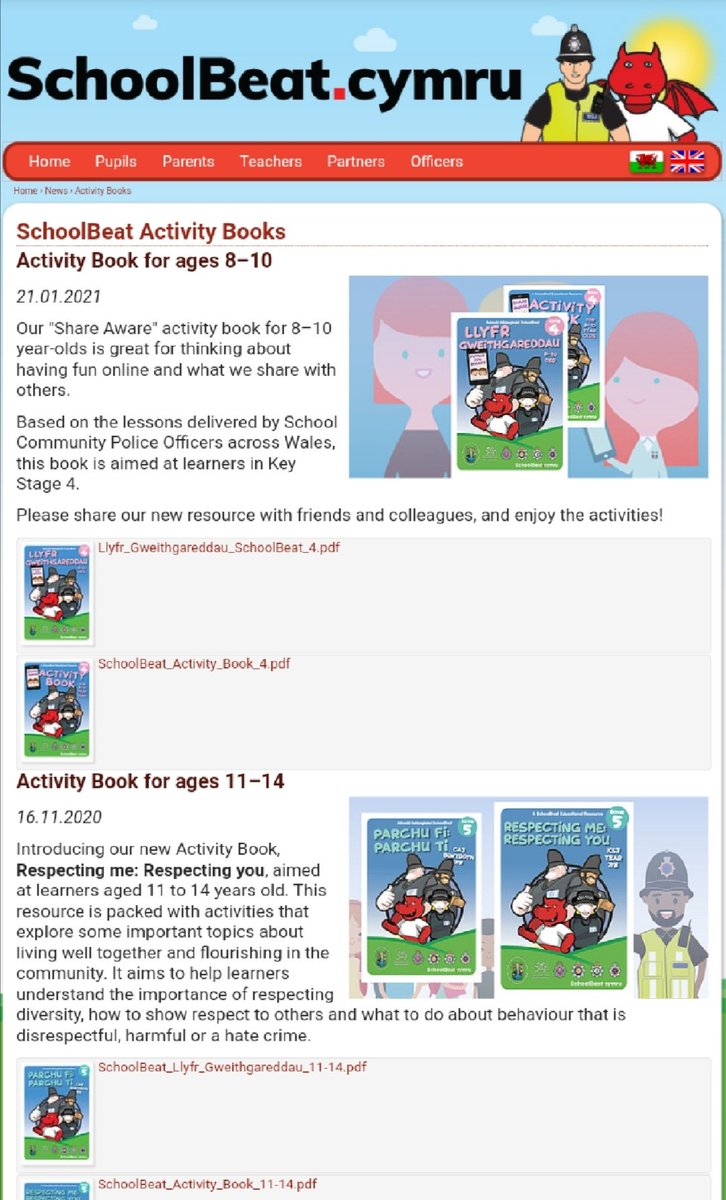 SchoolCopChris's tweet photo. A series of @schoolbeat activity books for children &amp; young people are available to download in Welsh or English.  They reinforce our most important key safeguarding messages. All activities are based on familiar lessons delivered by School Police Officers. #PcChris @SWPCardiff https://t.co/5uw5cYdMuA