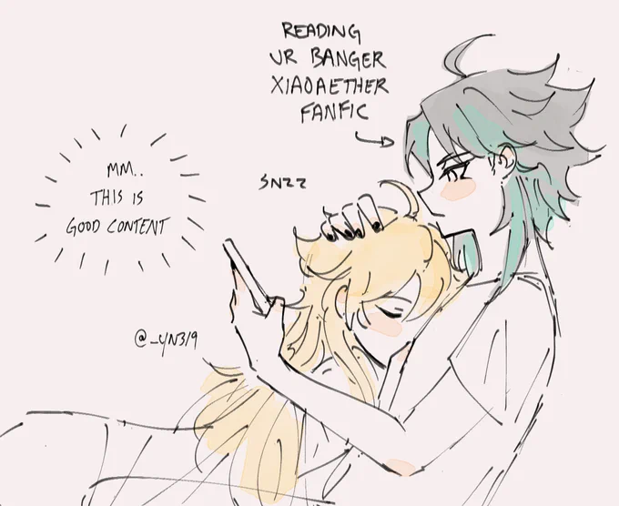 gnna go take that nap now
im sorry if i hurt ur feewings
here's a cuddly xiaoae pls forgive me

#GenshinImpact  #原神 #xiao #aether #XiaoAether 