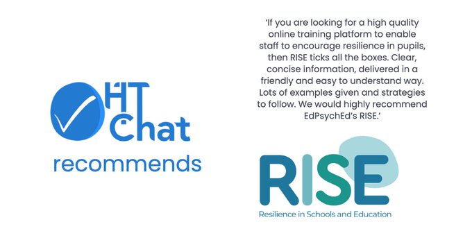 Headteacherchat's tweet image. HTchat recommends:
@EdPsychEd

‘If you are looking for a high-quality online training platform to enable staff to encourage resilience in pupils, then RISE ticks all the boxes. We would highly recommend EdPsychEd’s RISE.’
You can find our review at zcu.io/IJll
#ad