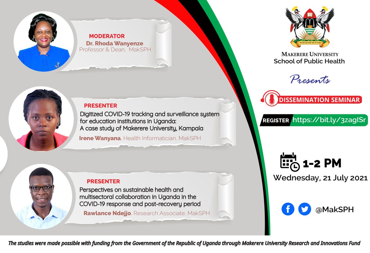 Makerere University School of Public Health (@maksph) on Twitter photo This is to invite you to a seminar to share findings from work done to develop a digitized COVID-19 surveillance system for <a href="/Makerere/">Makerere University</a> and another that explored perspectives on sustainable health that will take place on Wed. 21st July 2021, 1-2pm. REGISTER: bit.ly/3zagISr This is to invite you to a seminar to share findings from work done to develop a digitized COVID-19 surveillance system for <a href="/Makerere/">Makerere University</a> and another that explored perspectives on sustainable health that will take place on Wed. 21st July 2021, 1-2pm. REGISTER: bit.ly/3zagISr