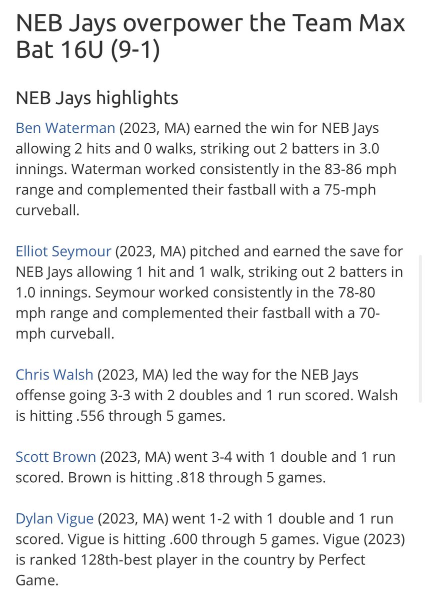 Mike Abraham (@coach_mabes) on Twitter photo Big 9-1 win for NEB Jays and another great pitching performance.
<a href="/BenWaterman11/">Ben Waterman</a> <a href="/_kevinbarnett20/">Kevin Barnett</a> & Elliott Seymour combined for 6K 3H 1BB 1R.
Big days at the plate by <a href="/ccwalsh8/">Chris Walsh</a> <a href="/Scotty_brown01/">Scotty Brown II</a> & <a href="/DylanVigue/">Dylan Vigue</a>
<a href="/NorthEast_BBall/">NEB</a> Big 9-1 win for NEB Jays and another great pitching performance.
<a href="/BenWaterman11/">Ben Waterman</a> <a href="/_kevinbarnett20/">Kevin Barnett</a> & Elliott Seymour combined for 6K 3H 1BB 1R.
Big days at the plate by <a href="/ccwalsh8/">Chris Walsh</a> <a href="/Scotty_brown01/">Scotty Brown II</a> & <a href="/DylanVigue/">Dylan Vigue</a>
<a href="/NorthEast_BBall/">NEB</a>