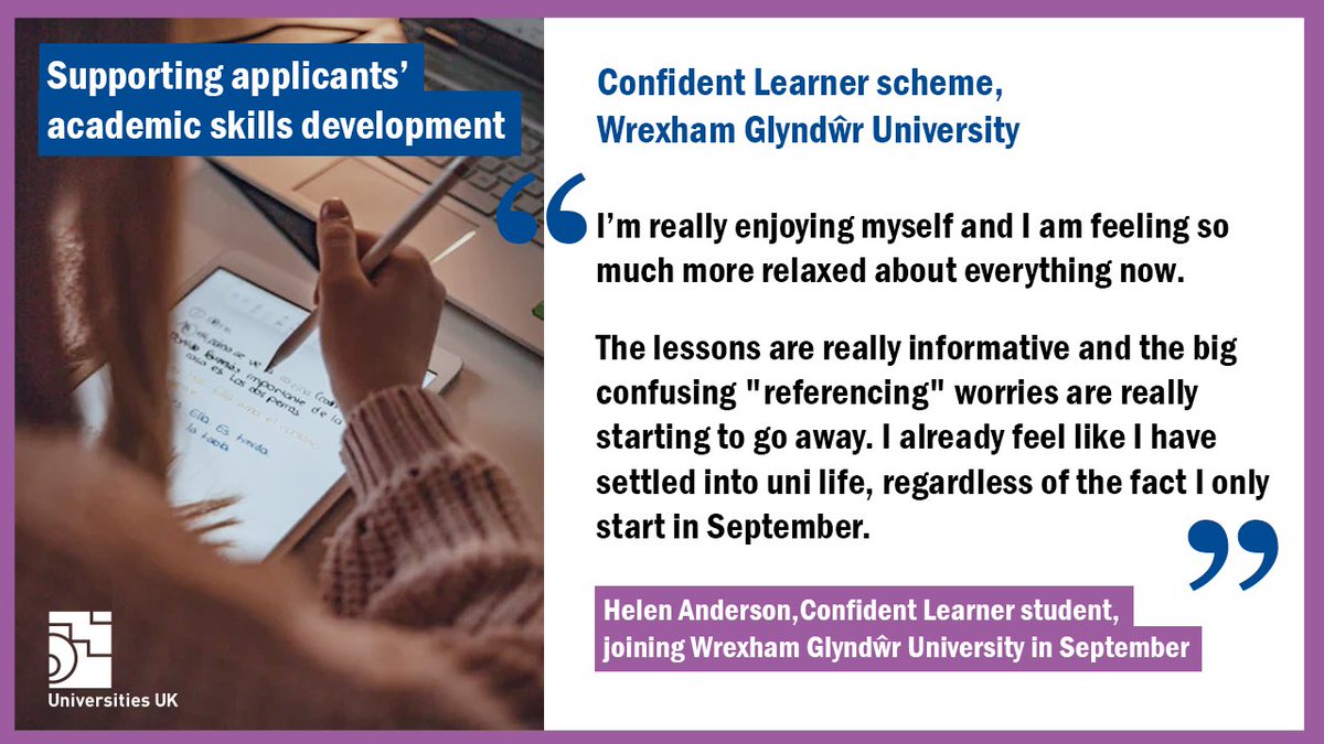 UniversitiesUK's tweet photo. π Academic skills development
@GlyndwrUni 's Confident Learner scheme is designed to build the confidence and skills of applicants.
π https://t.co/iPz2CvbxcN
#AcademicSkills #ConfidentLearner https://t.co/9T1Br6T3ns
